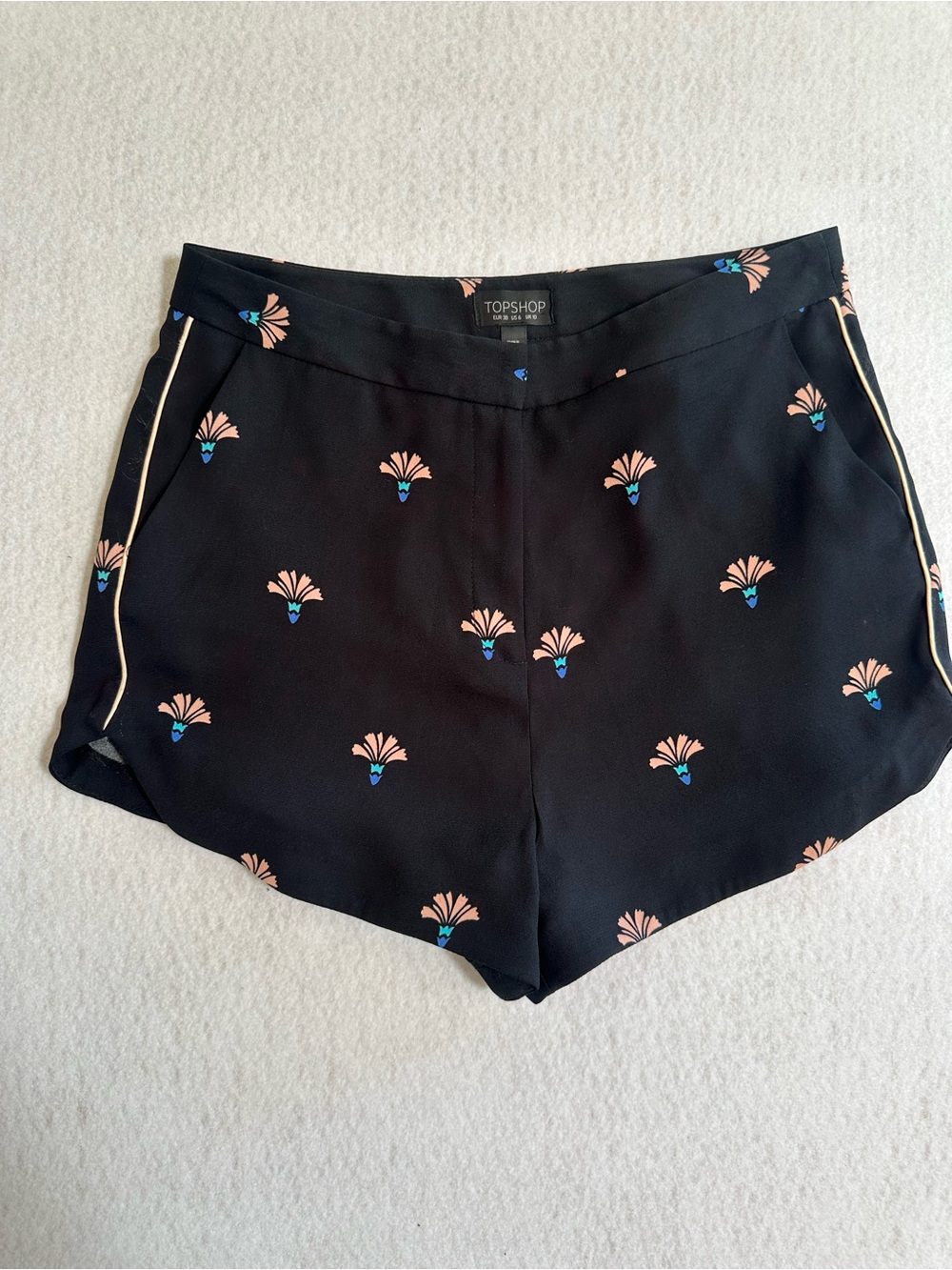 Topshop Black Floral Motif Women's Shorts with Peach and Teal Accents